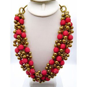 Vintage Dramatic Statement Necklace, Triple Strand Orange and Gold Bib w Brass